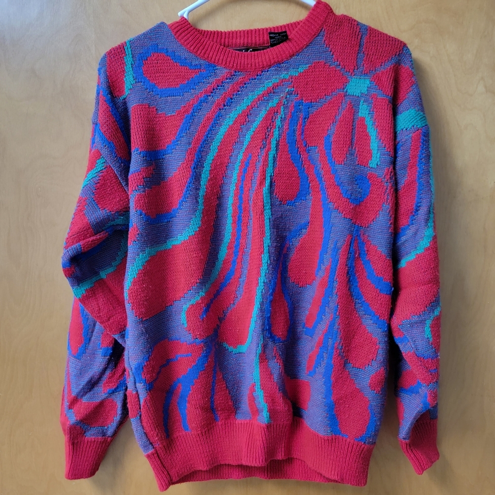 Vintage Rainbow Ridge  Crewneck Geometric Grandma Sweater Size Large Daisy Retro